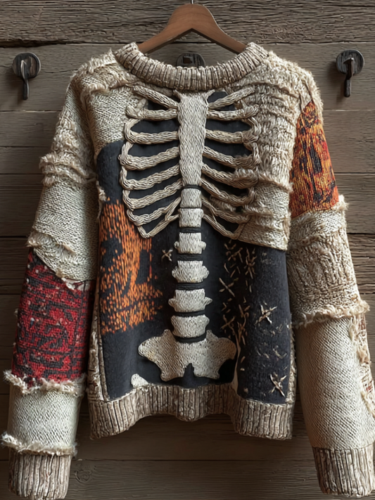 Halloween Skeleton Man Pattern Knit Round Neck Sweater