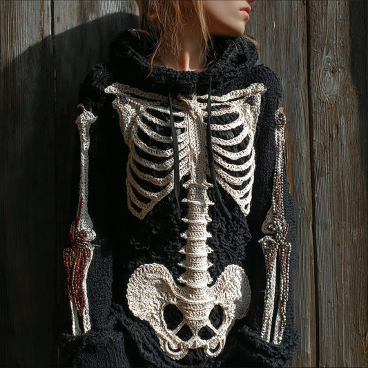 Halloween Skeleton Anatomy Beaded Hooded Cozy Knit Sweater