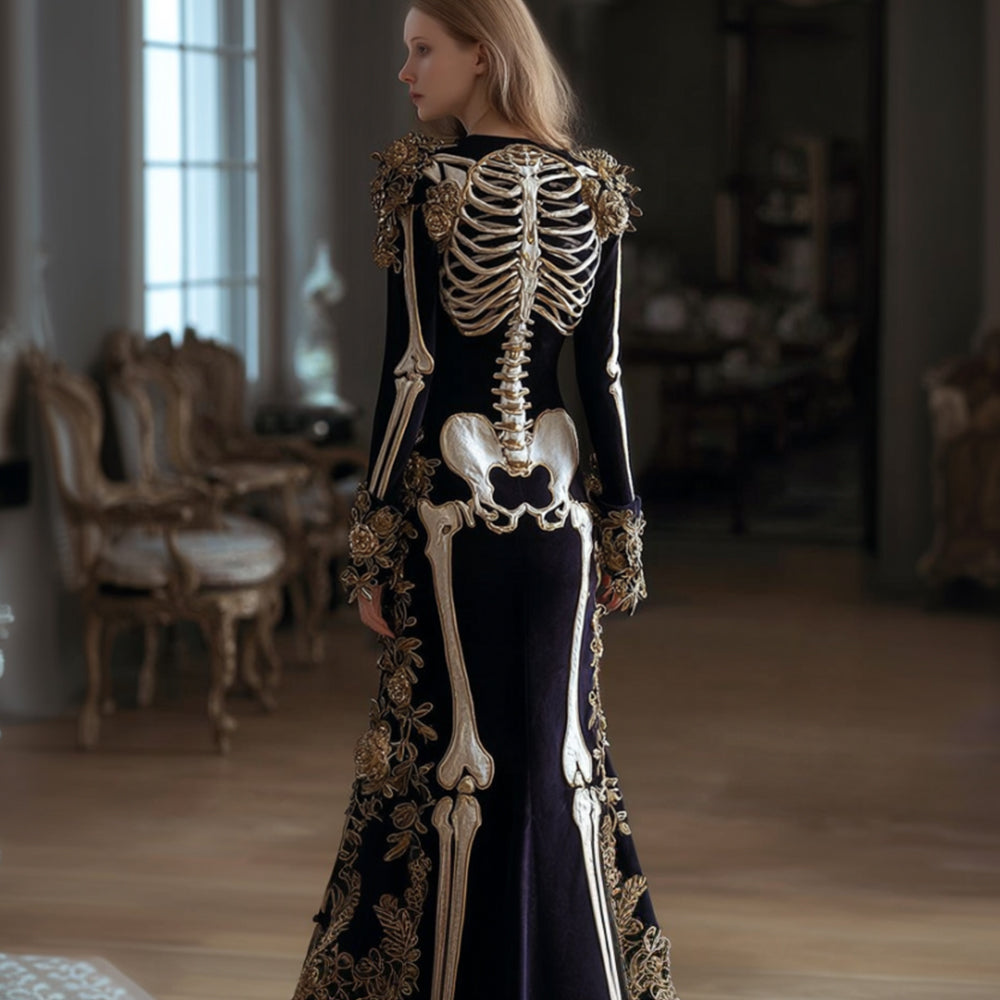 Women's Halloween Human Anatomy Art Gothic Round Neck Long Sleeve Dress