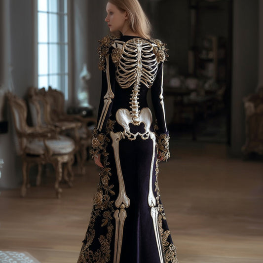 Women's Halloween Human Anatomy Art Gothic Round Neck Long Sleeve Dress