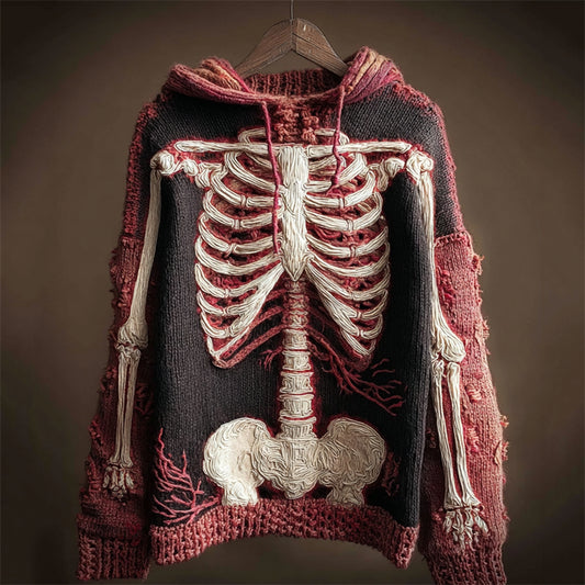 Halloween Skeleton Anatomy Patchwork Hooded Cozy Knit Sweater