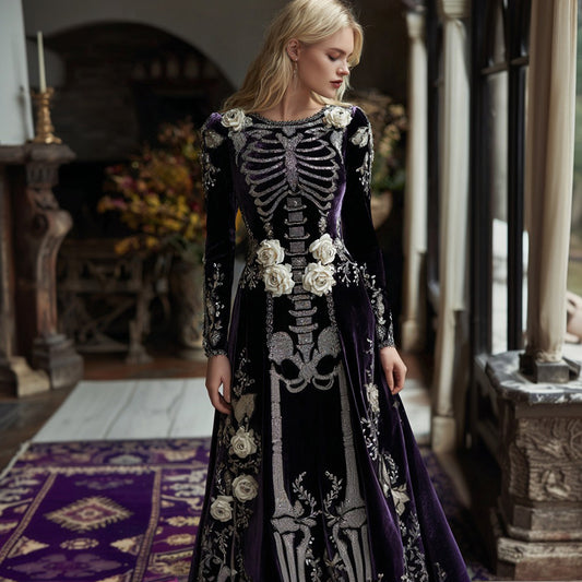 Women's Classic Rose Skeleton Velvet Round Neck Maxi Dress