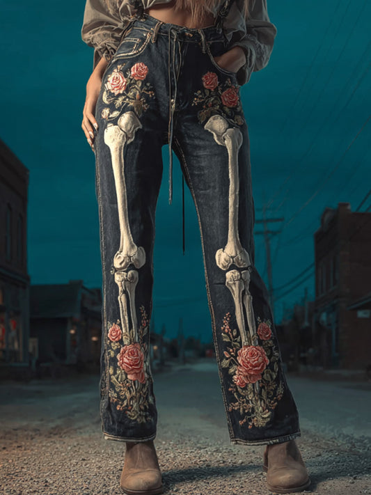 Halloween Vintage Skull Rose Embroidered Jeans