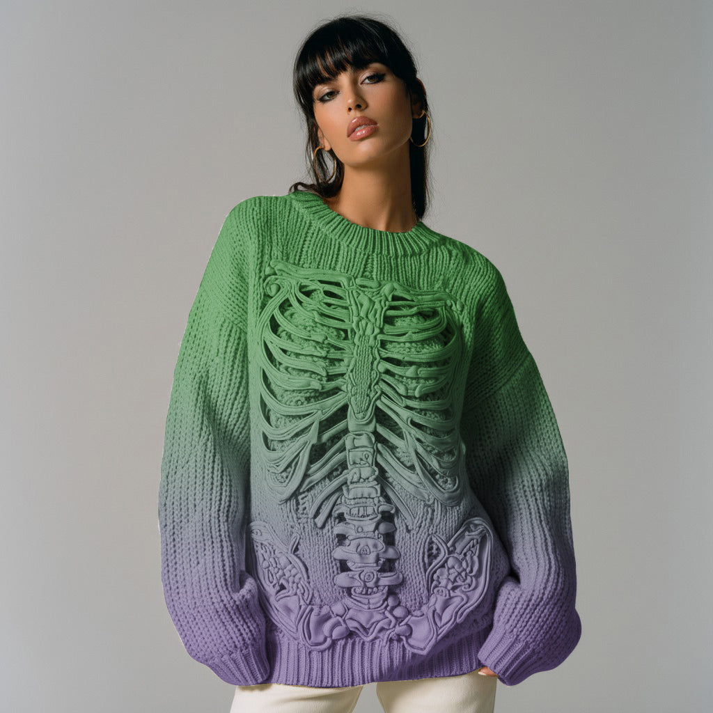 Vintage Halloween Anatomy Skeleton Bones In Gradient Art Chunky Knitted Sweater