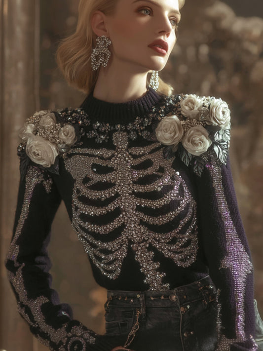 Halloween Anatomy Art Skeleton Flower Round Neck Sweater
