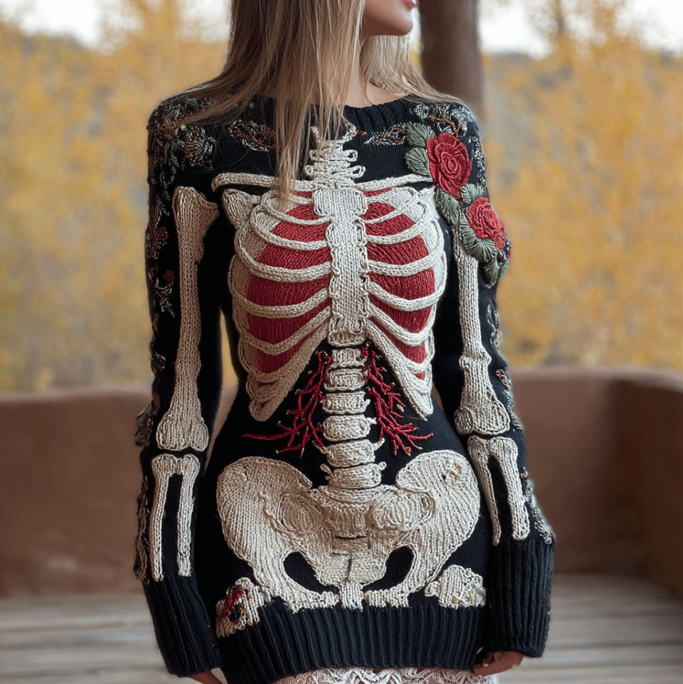 Halloween Human Anatomy Pattern And Flower Pattern Combined Design Women's Round Neck Knit Sweater Dress