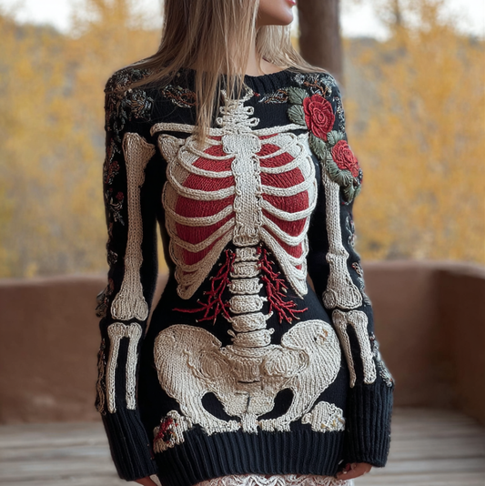 Halloween Human Anatomy Pattern And Flower Pattern Combined Design Women's Round Neck Knit Sweater Dress