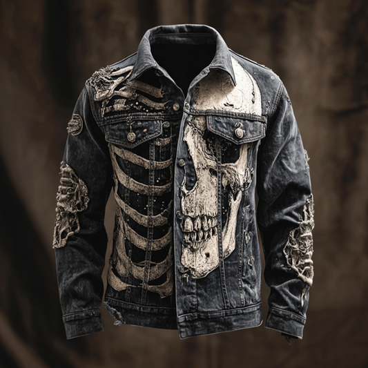 Halloween Skeleton And Human Skeleton Pattern Design Men's Denim Jacket