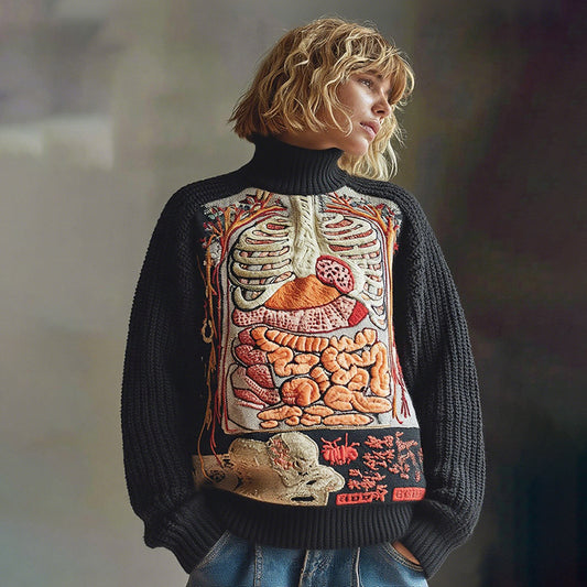 Vintage Halloween Anatomy Art Chunky Knitted Turtleneck Sweater