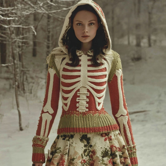Women's Retro Skeleton Pattern Embroidery Art Knit Hooded Sweater