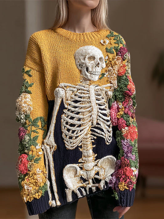 Halloween Skeleton & Floral Embroidery Women's Knit Sweater