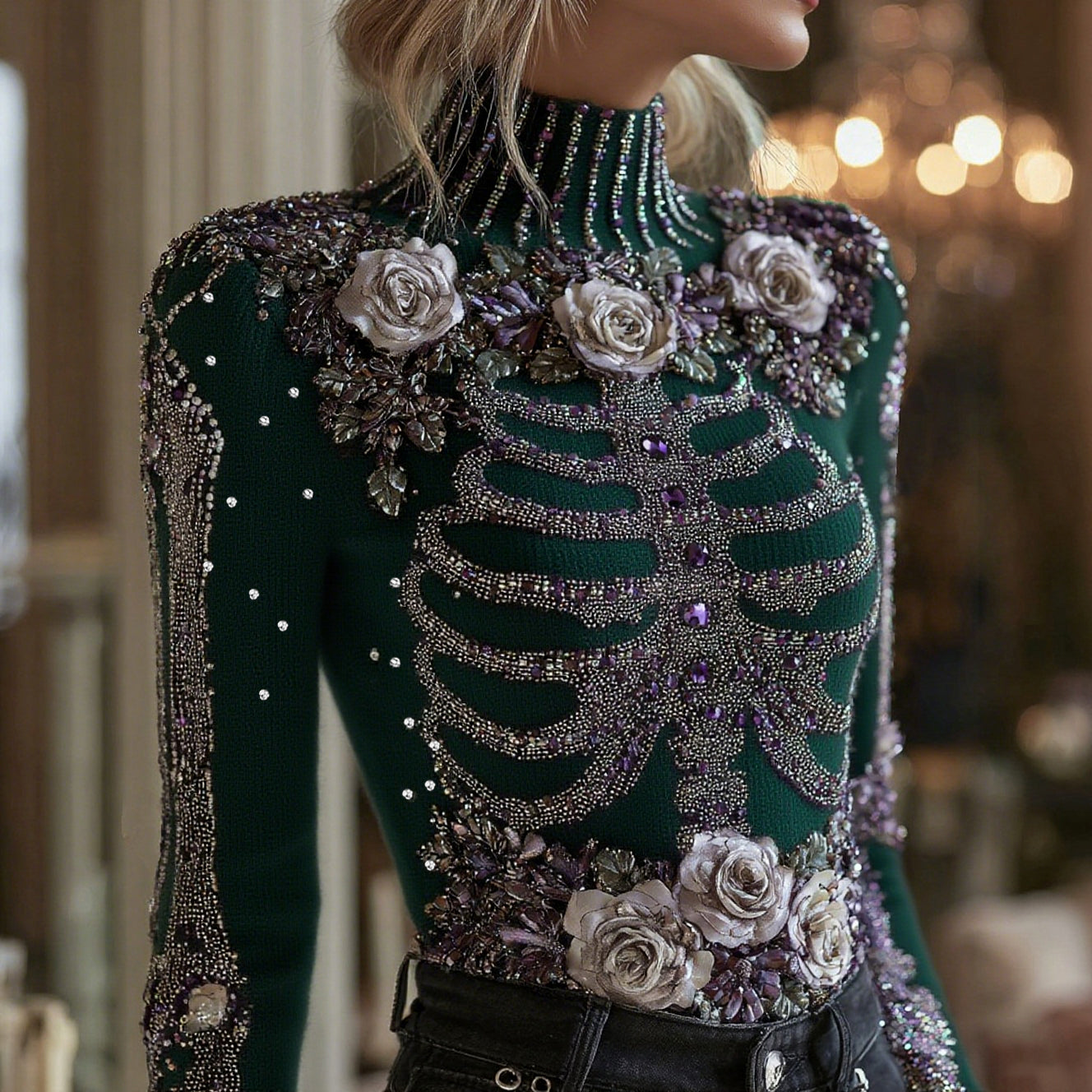 Women's Halloween Bloody Floral & Skeleton Art Turtleneck Slim Sweater