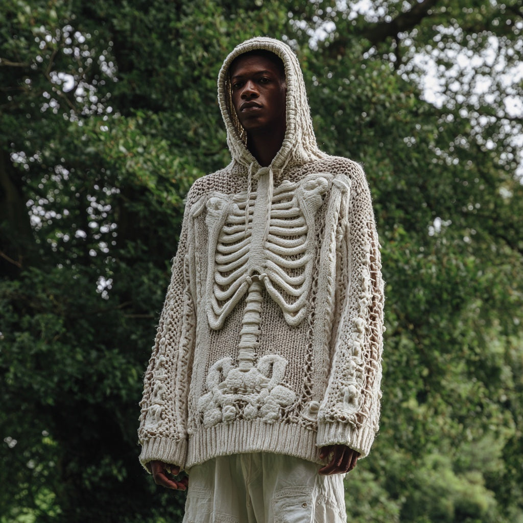 Men's Vintage White Skeleton Crochet Cozy Hooded Sweater