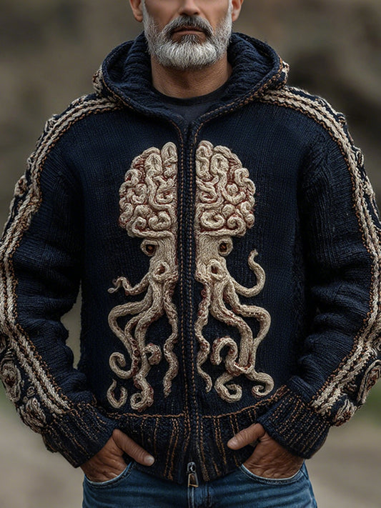 Cthulhu Octopus Human Brain Anatomy Inspired Celtic Knot Jacquard Zipper Hooded Cardigan