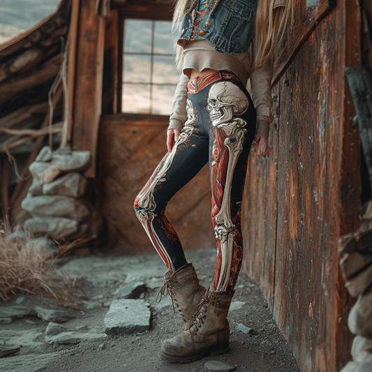 Halloween Theme Skeleton And Human Bone Pattern Women's Tight-fitting Leggings