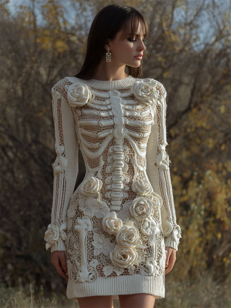 Skeleton White Roses Lace Crochet Cozy Knit Sweater Dress