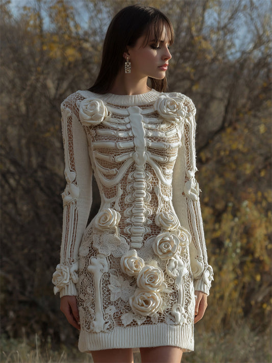 Skeleton White Roses Lace Crochet Cozy Knit Sweater Dress