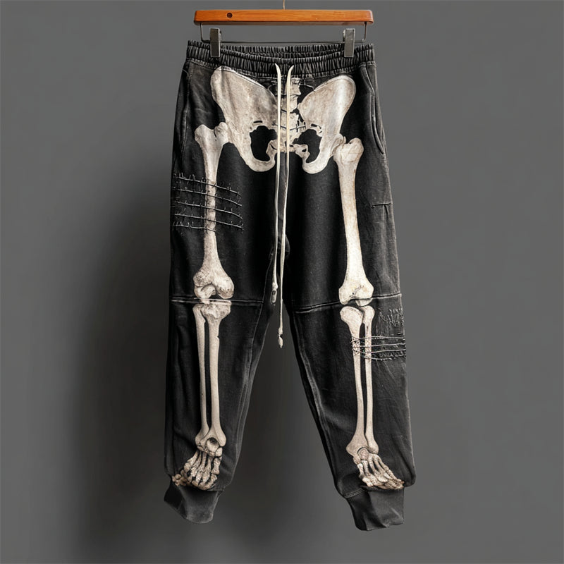 Halloween Skeleton Anatomy Distressed Patchwork Washed Sweatpants