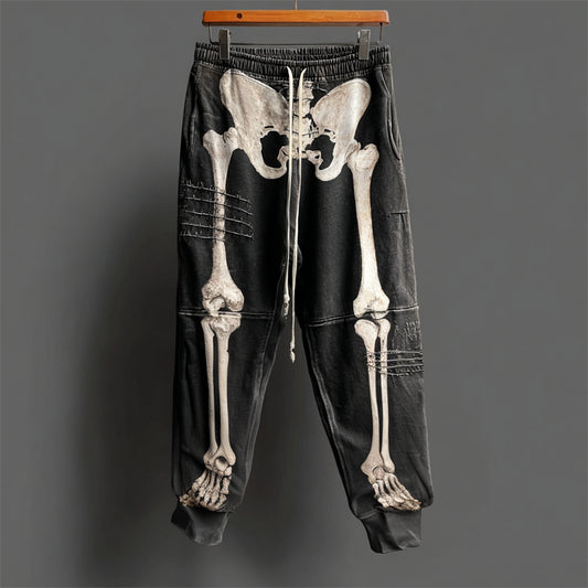 Halloween Skeleton Anatomy Distressed Patchwork Washed Sweatpants