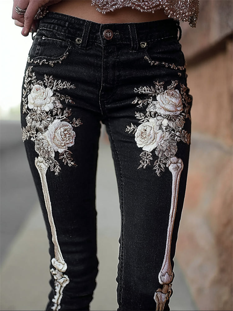 Skeleton Pink Roses Beaded Embroidered Dark Washed Jeans