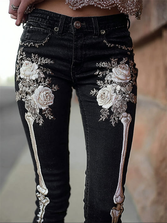 Skeleton Pink Roses Beaded Embroidered Dark Washed Jeans