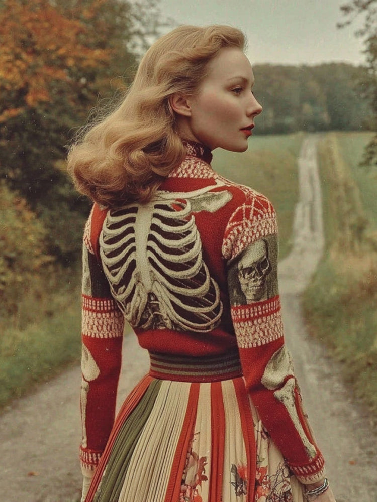 Women's Halloween Skull Ribs Pattern Cozy Turtleneck Sweater