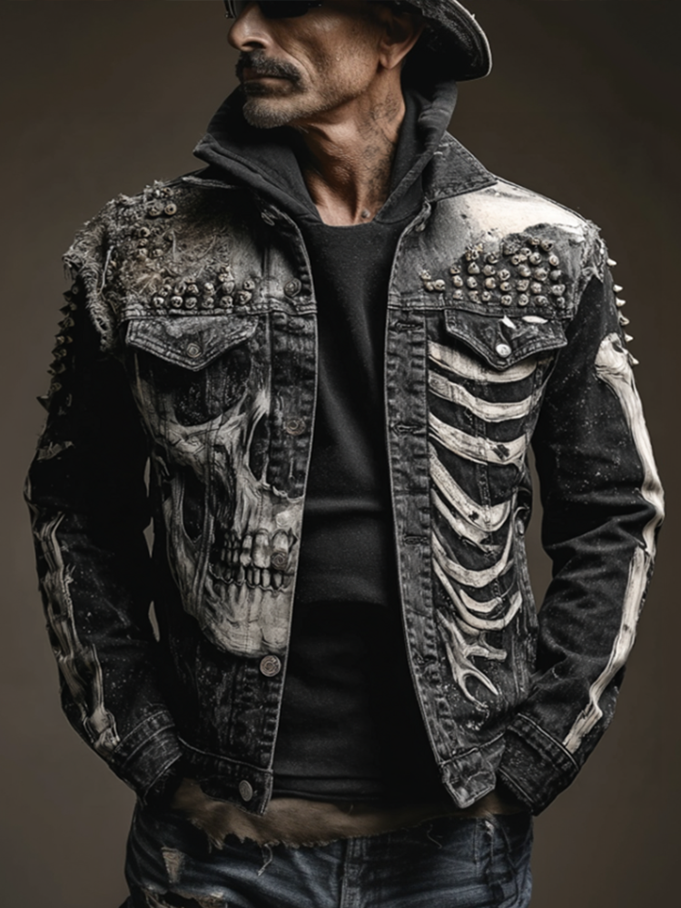 Halloween Skeleton And Human Skeleton Pattern Design Men's Denim Jacket