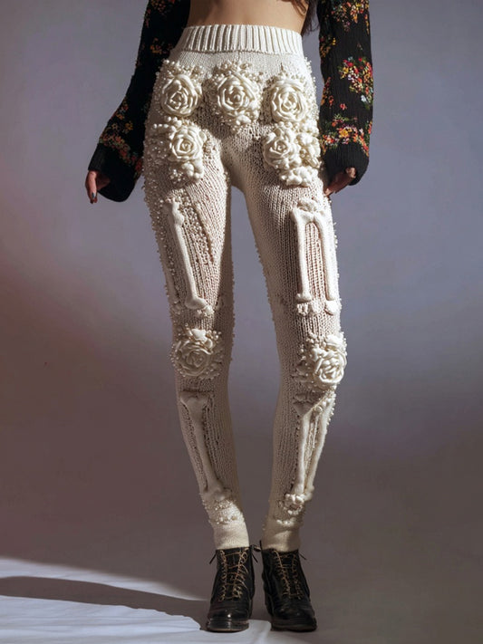 Vintage White Skeleton Roses Crochet Cozy Knit Leggings