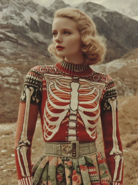 Women's Vintage Skeleton Art Cozy High Neck Ugly Sweater