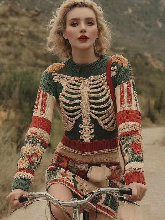 Vintage Halloween Skeleton Bones With Floral Art Chunky Knitted Sweater Dress