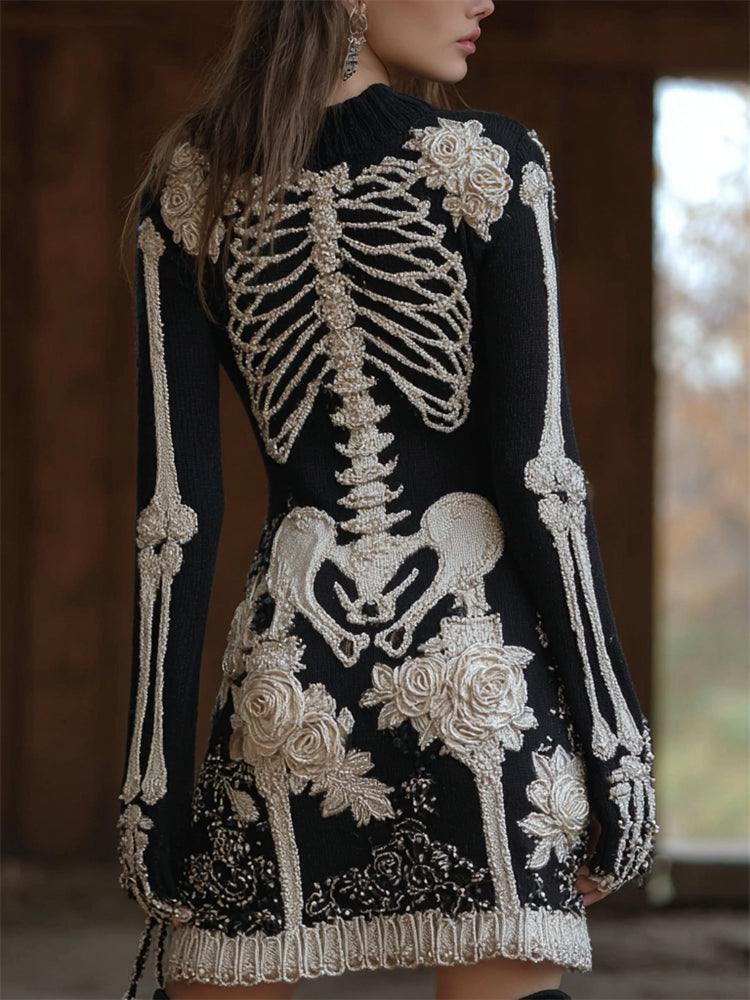 Classy Skeleton Floral Glitter Beaded Cozy Knit Sweater Dress