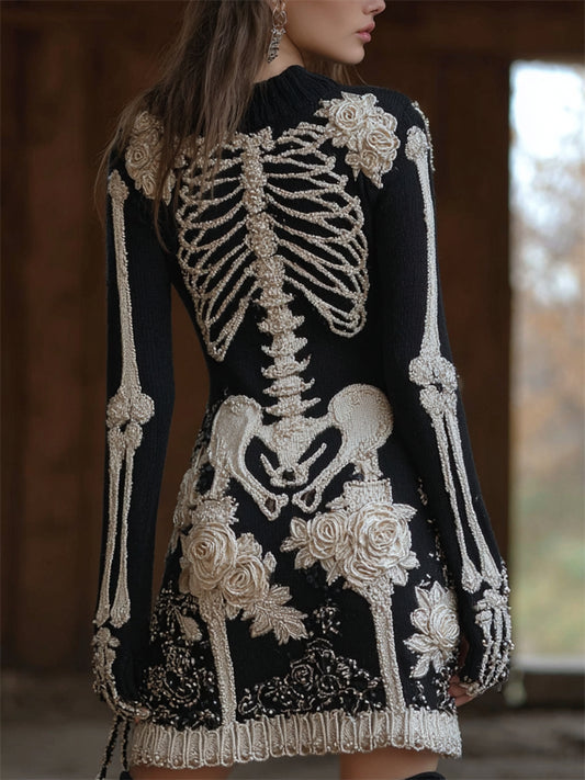Classy Skeleton Floral Glitter Beaded Cozy Knit Sweater Dress