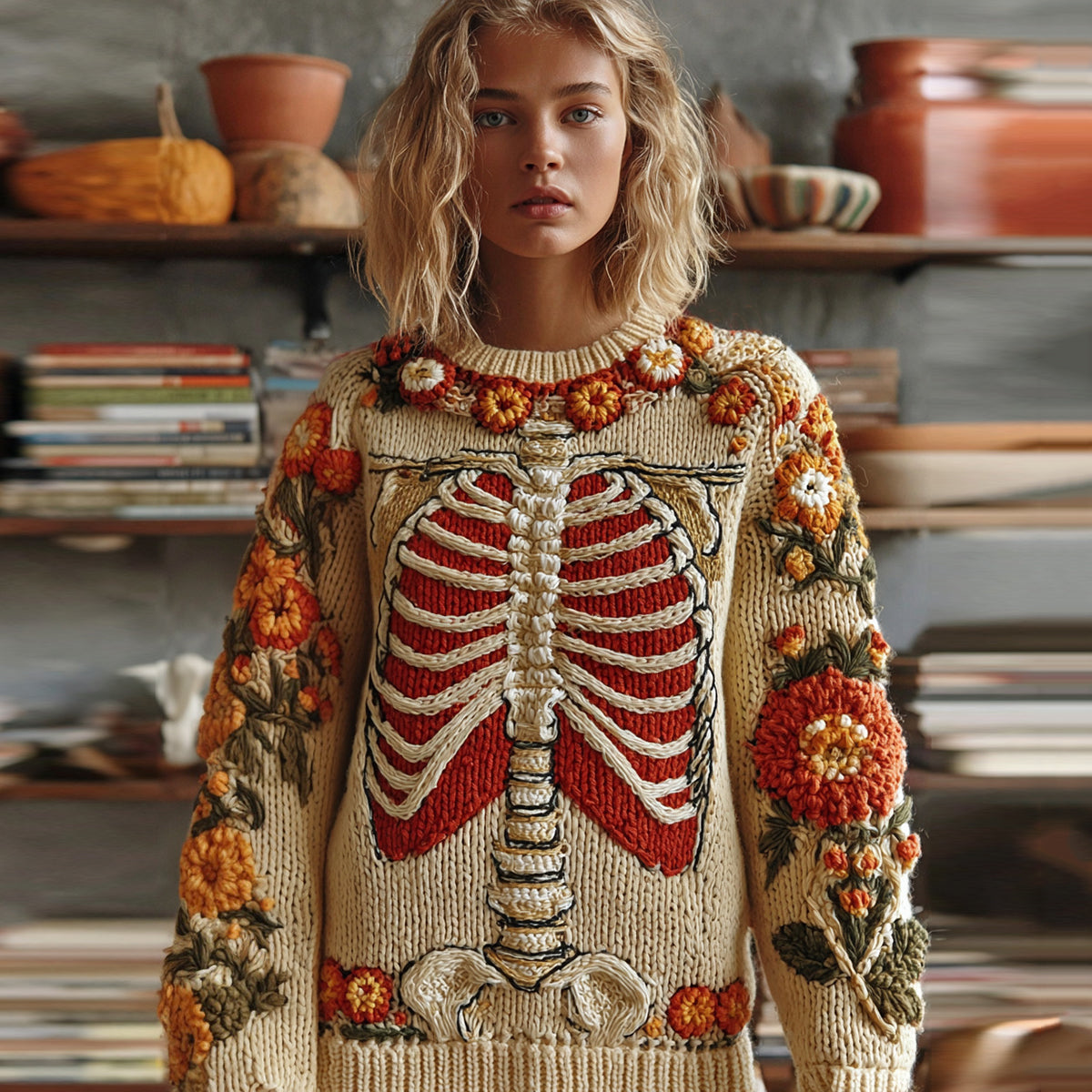 Classic Halloween Skeleton Bones With Floral Art Chunky Knitted Sweater