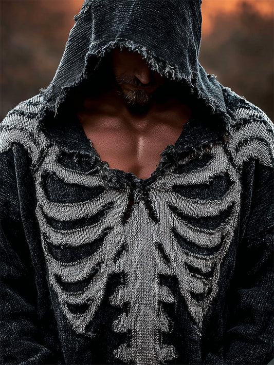 Men's Skeleton Inspired Distressed Cozy Knit Hooded Sweater