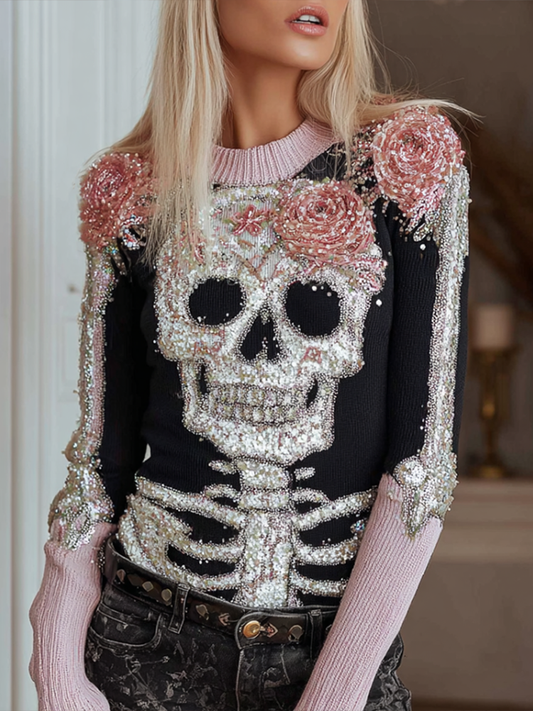 Halloween Skeleton And Plant Flower Pattern Combined Design Women's Knitted Sweater