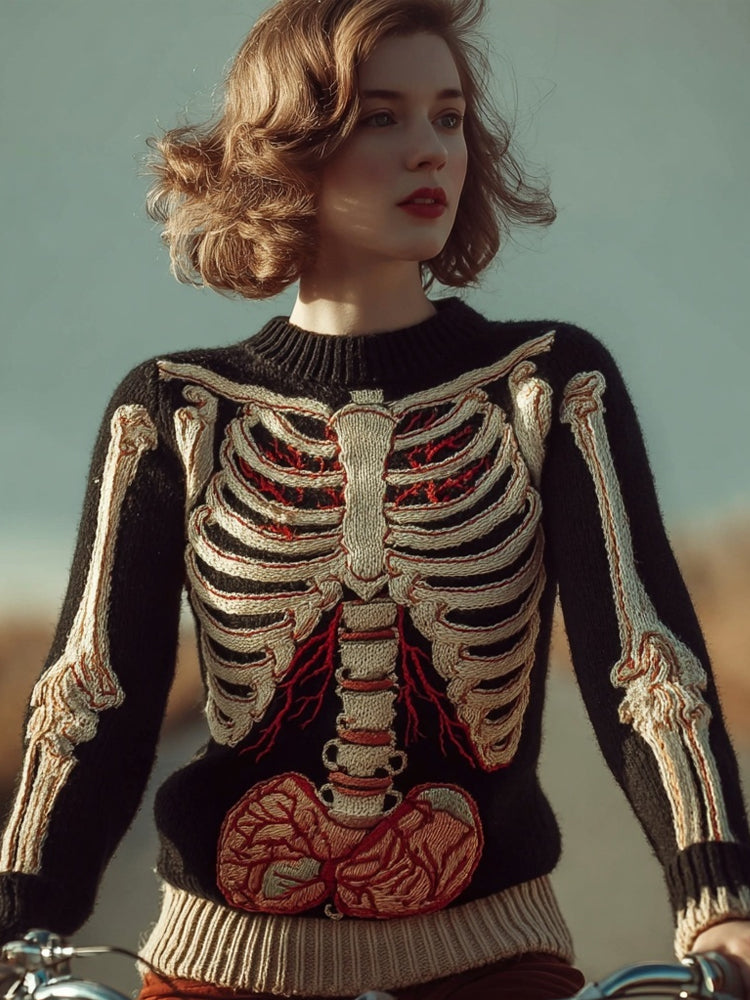 Vintage Halloween Skeleton Art Crew Neck Knit Cozy Sweater
