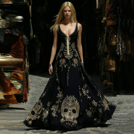 Women's Gothic Style Skeleton Art V Neck Sleeveless Maxi Dress
