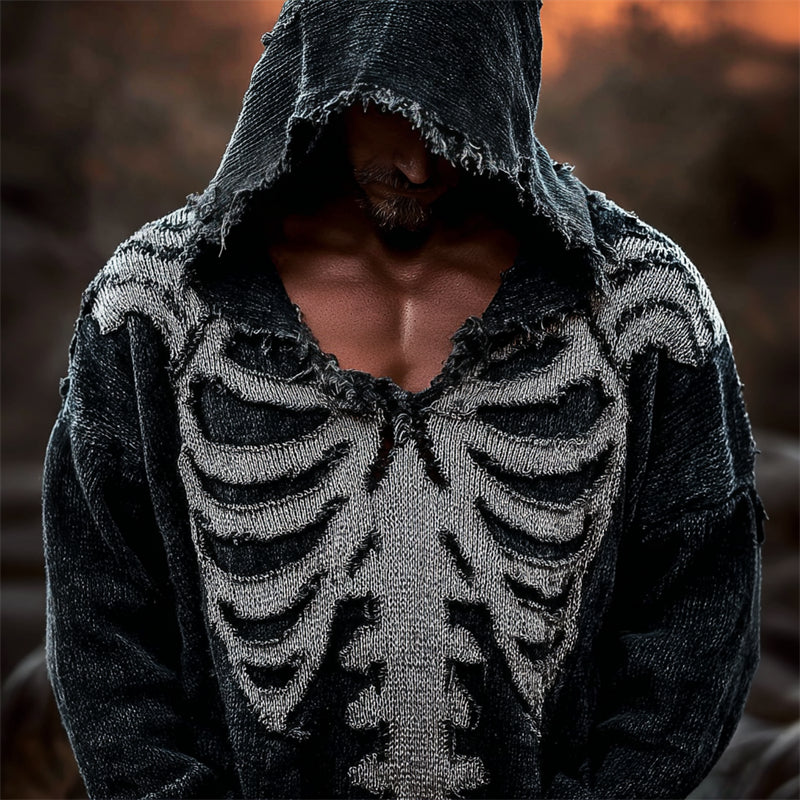 Men's Skeleton Inspired Distressed Cozy Knit Hooded Sweater