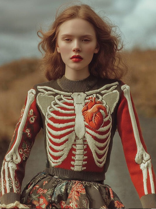 Women's Halloween Skeleton Art And Flower Color Blocked Round Neck Sweater