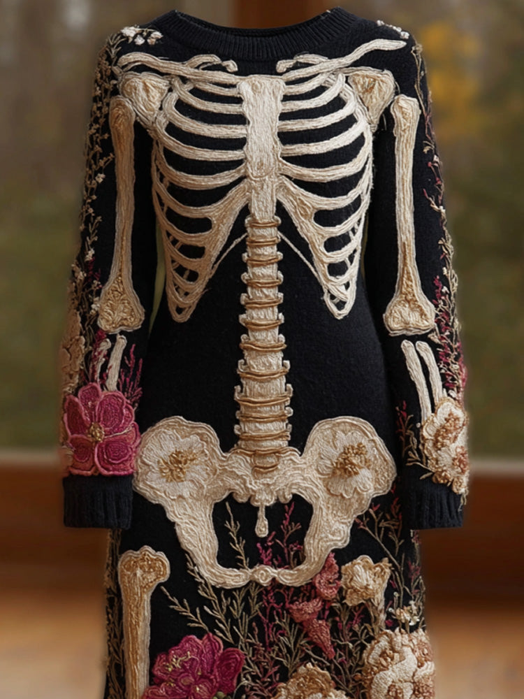 Women's Halloween Warm Tone Skull Rose Embroidered Dress