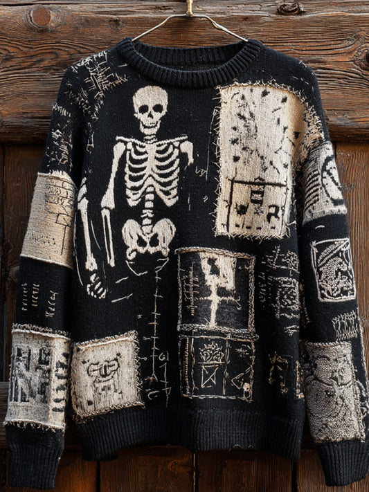 Men's Antique Geometric Patterns And Skull Art Black Round Neck Sweater