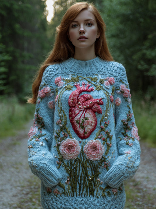 Women's Halloween Heart And Flower Art Embroidered Blue Round Neck Sweater