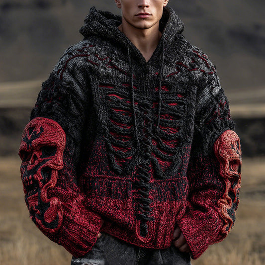 Halloween Death Skeleton Volcanic Lava Inspired Jacquard Knit Hooded Sweater