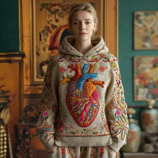 Women's Vintage Human Organ Flower Embroidery Art Knit Hooded Sweater