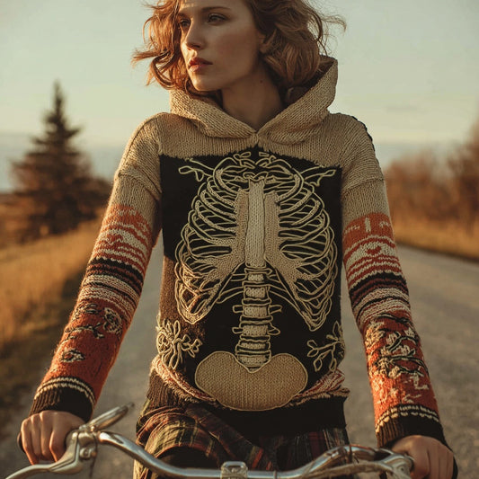 Retro Halloween Skeleton Art Knit Cozy Hooded Sweater