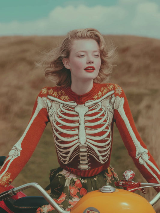 Vintage Halloween Anatomy Art And Flower Round Neck Sweater