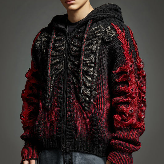 Halloween Skeleton Demon Flame Inspired Gradient Jacquard Knit Zip-up Hoodie