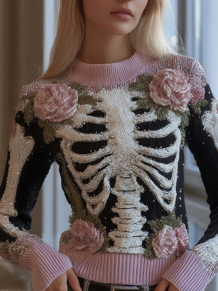 Halloween Skeleton And Plant Flower Pattern Combined Design Women's Knitted Sweater