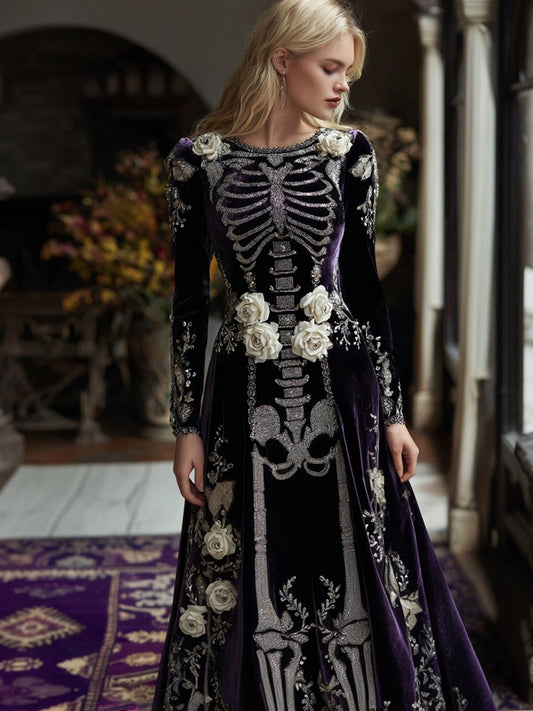 Women's Classic Rose Skeleton Velvet Round Neck Maxi Dress