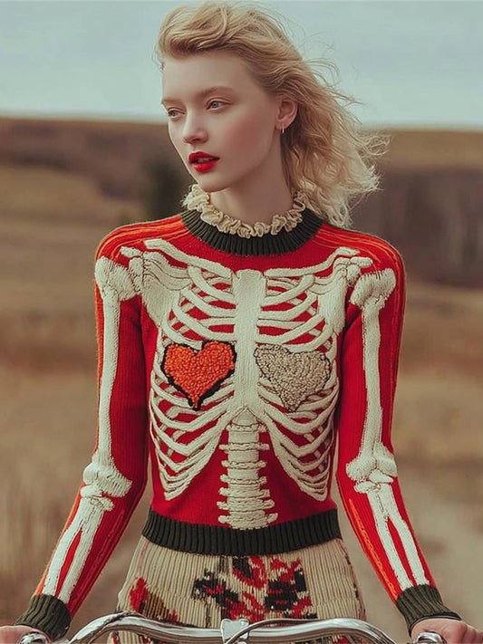 Retro Human Skeleton & Heart Art Women's Knit Sweater